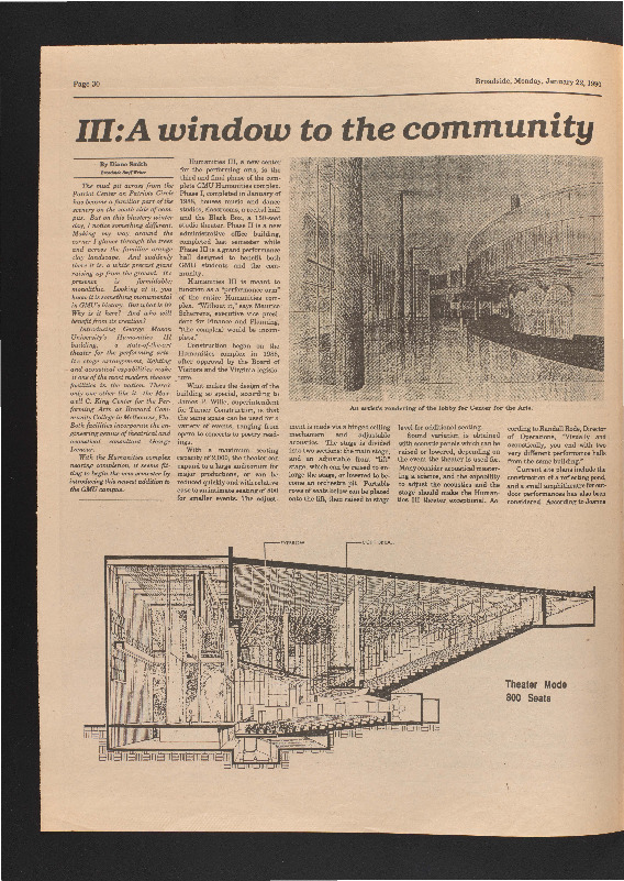 "A Window to the Community" Broadside article of the Center for the Arts design and construction