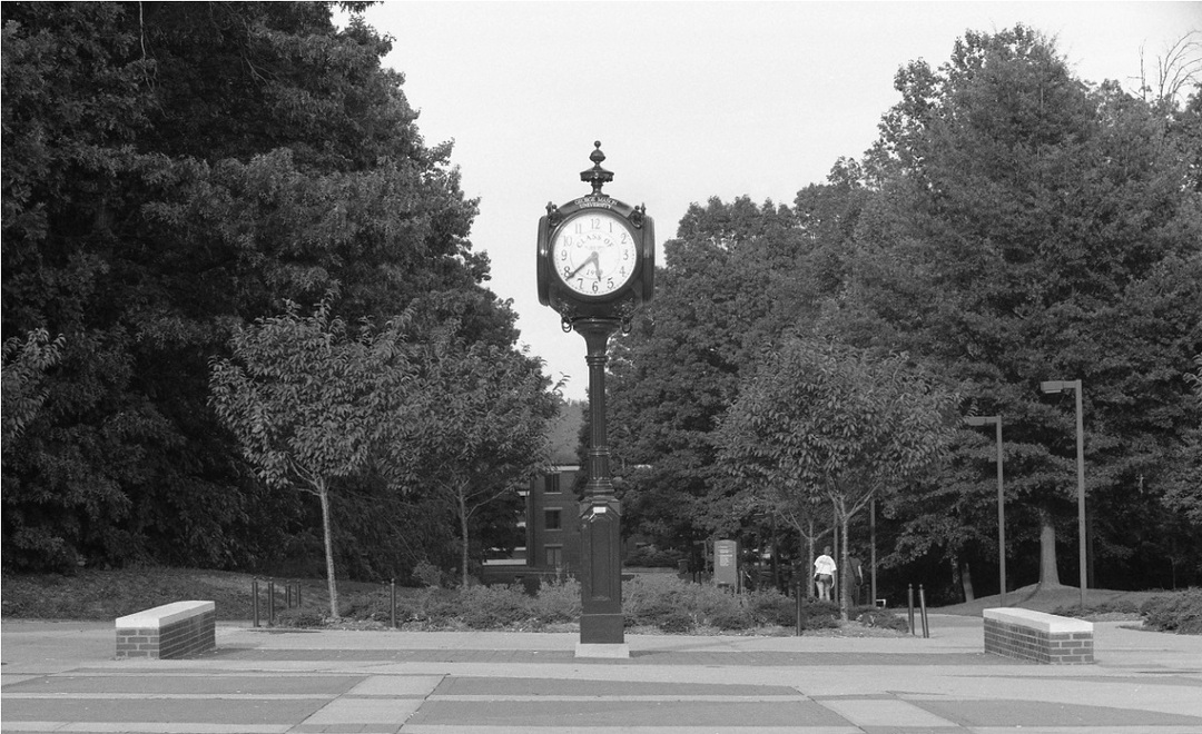 Clock in Johnson Center North Plaza